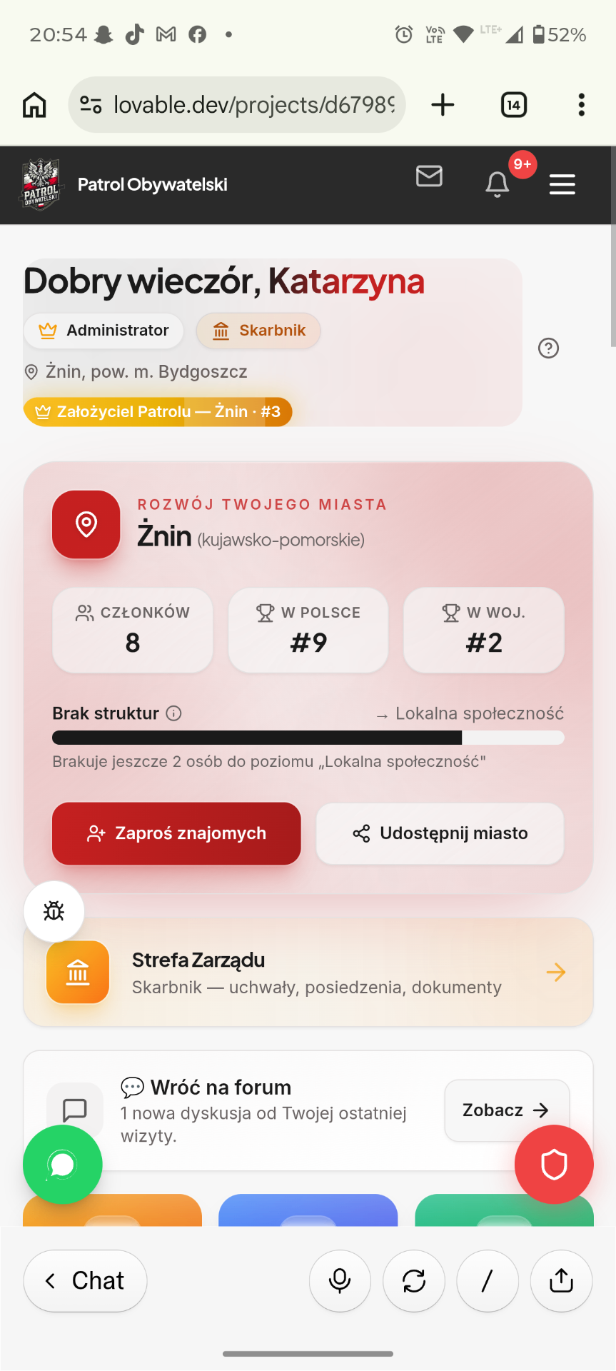 Widget „Rozwój Twojego miasta" na stronie głównej aplikacji