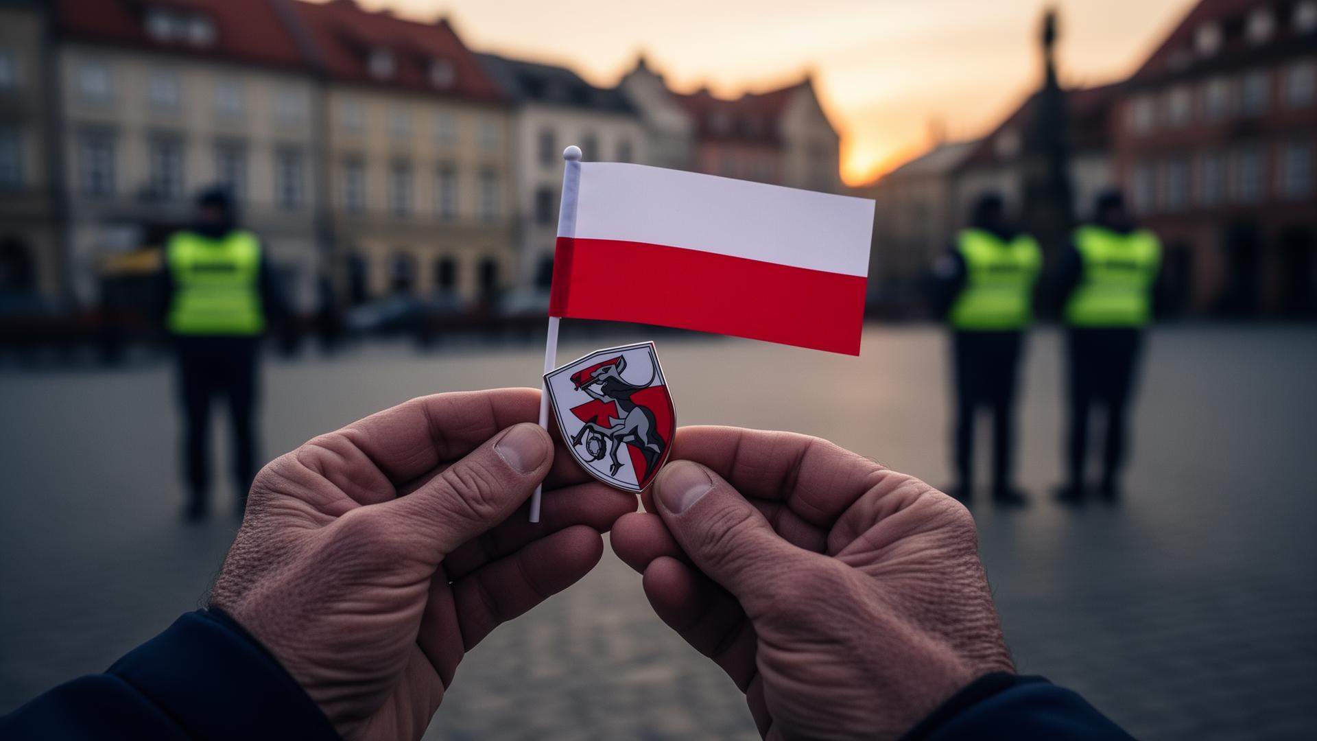 Ręce trzymające polską flagę i symbol Patroli Obywatelskich na tle rynku miejskiego o świcie