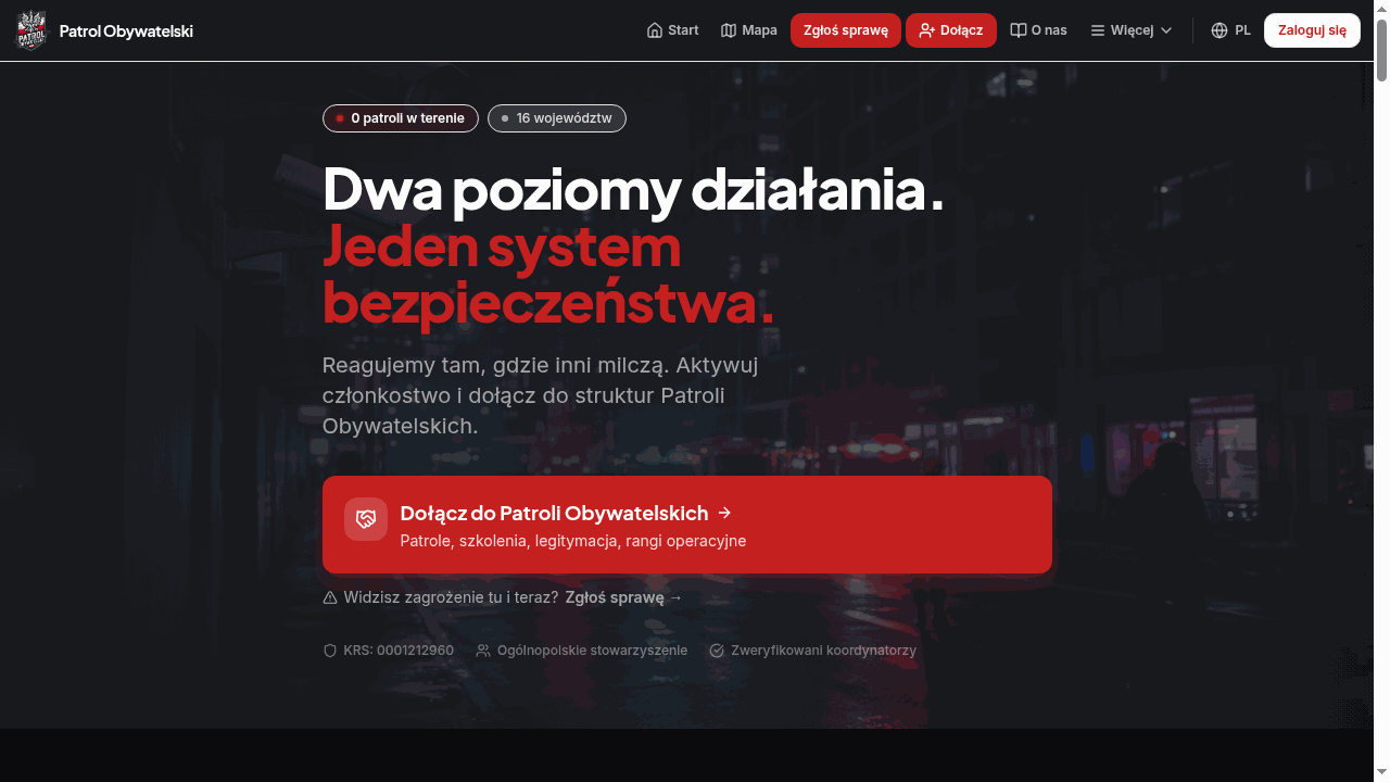 Strona główna aplikacji Patrol Obywatelski — Dwa poziomy działania, jeden system bezpieczeństwa