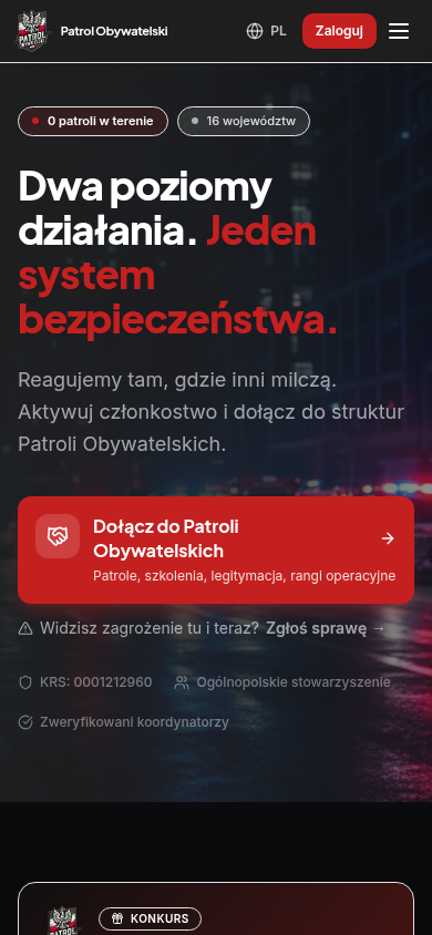 Mobilna strona główna aplikacji Patrol Obywatelski
