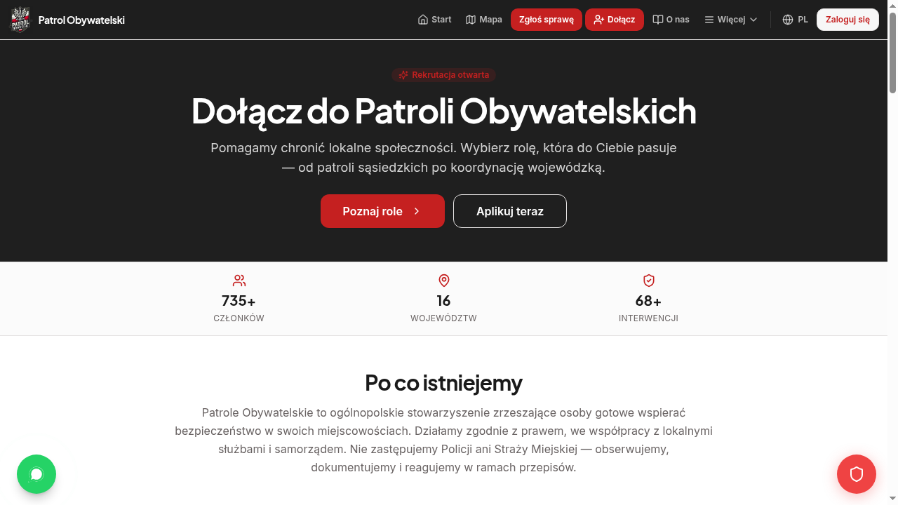 Strona rekrutacji Patrolu Obywatelskiego — 735 członków, 16 województw, 68 interwencji