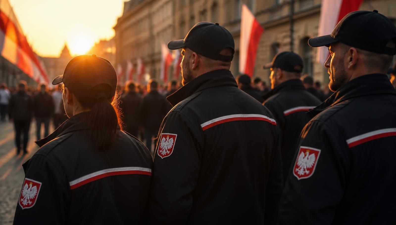Członkowie Patroli Obywatelskich stojący razem podczas patrolu o zachodzie słońca